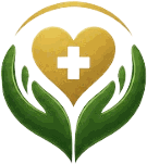 Agape Family Care logo: two green hands cupping a gold heart